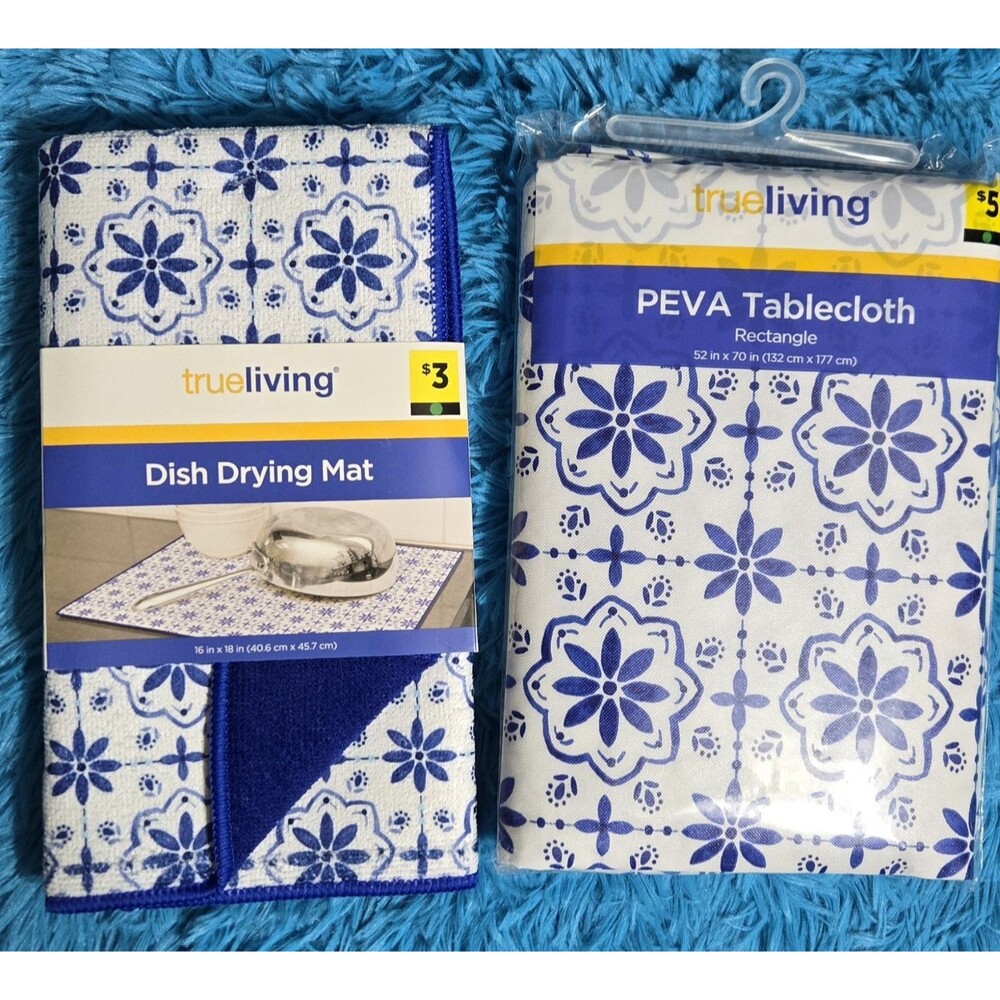 Blue Floral Kitchen True Living 2pc Bundle Dish Drying Mat & PEVA Tablecloth